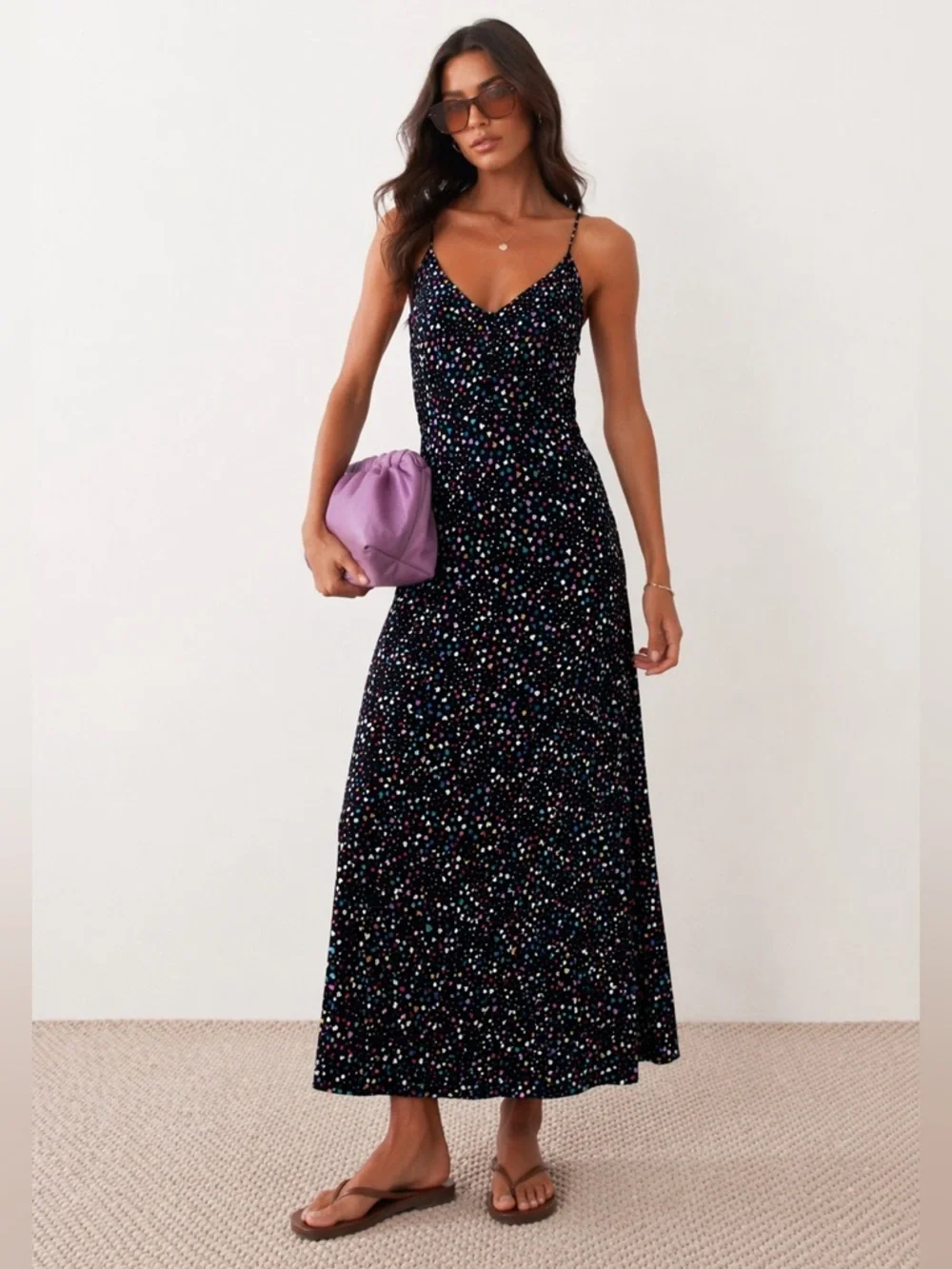 Spaghetti Strap Black Maxi Dress with Multicolor heart Print - Picture 1 of 5